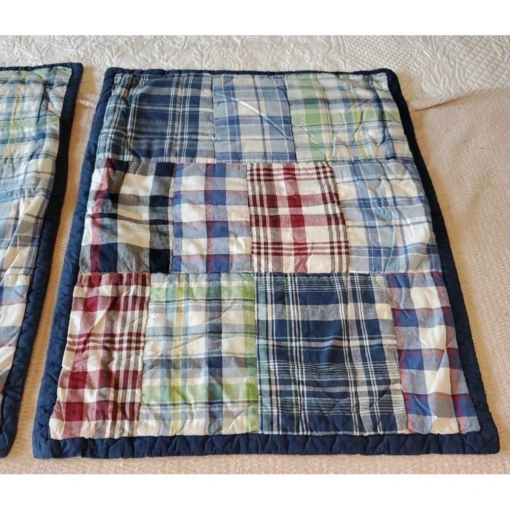 Pottery Barn Teens Quilted Madras Patchwork 2‎ Shams Blue Red Green *flaw*